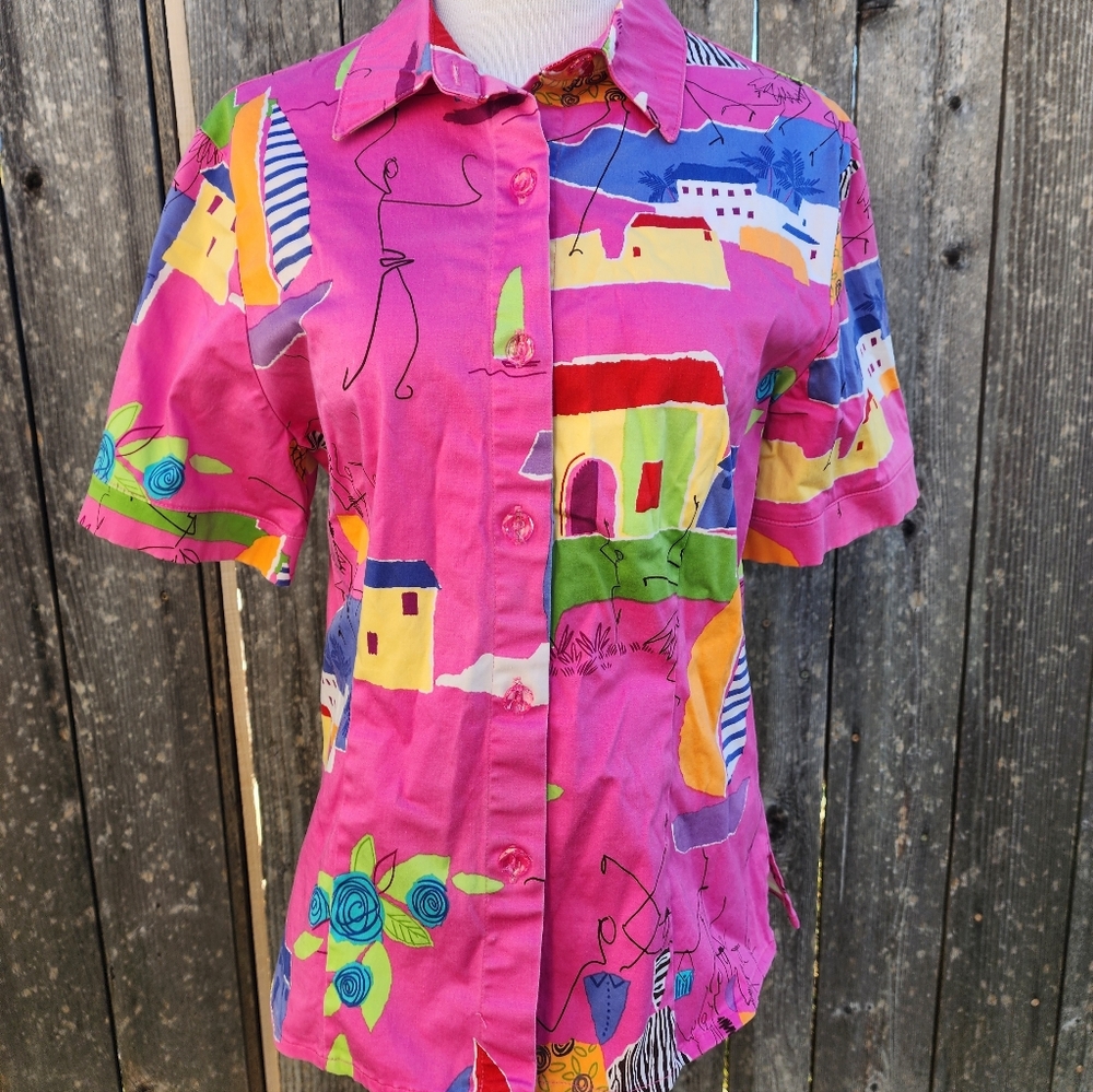 Vintage Ali Miles Womens Button Up Shirt, Folk Art Style, Floral & Geometric